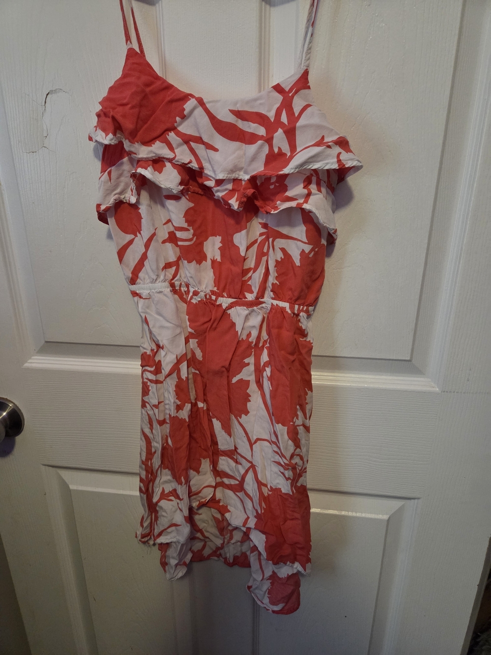 Papaya Coral and White Floral Ruffle Mini Dress